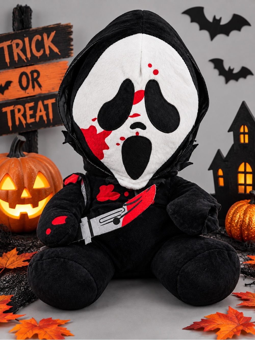 Halloween Ghost Face Plush Stuffed Animal with Hood & Knife – Soft Spooky Decor